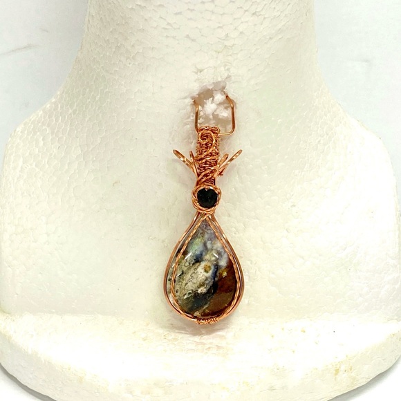 HANDCRAFTED Plume Agate Hand Wrapped Pure Copper Lava Bead Statement Pendant - Picture 8 of 10
